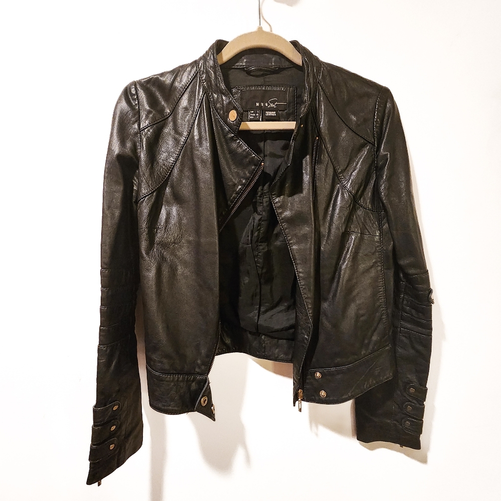 MANGO - Women's Cropped Black Genuine Leather Moto Jacket, Size XS